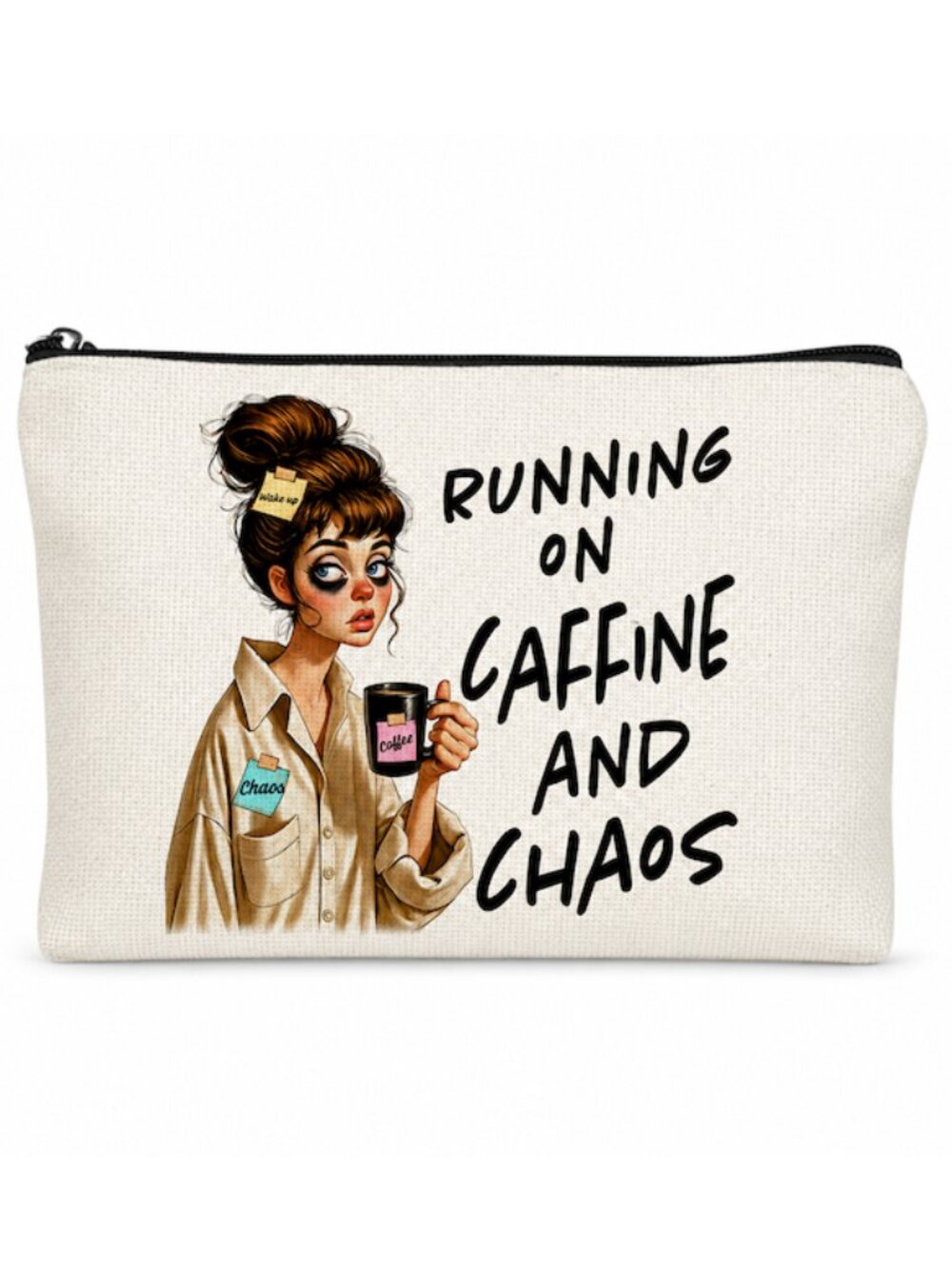 Running On Caffeine And Chaos Makeup Bag Funny Quote Zipper Pouch NEW